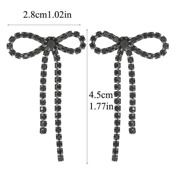 NEW!! Gold Plated Minimalist Black Rhinestones Bow Dangling Drop Post Earrings - Picture 4 of 5